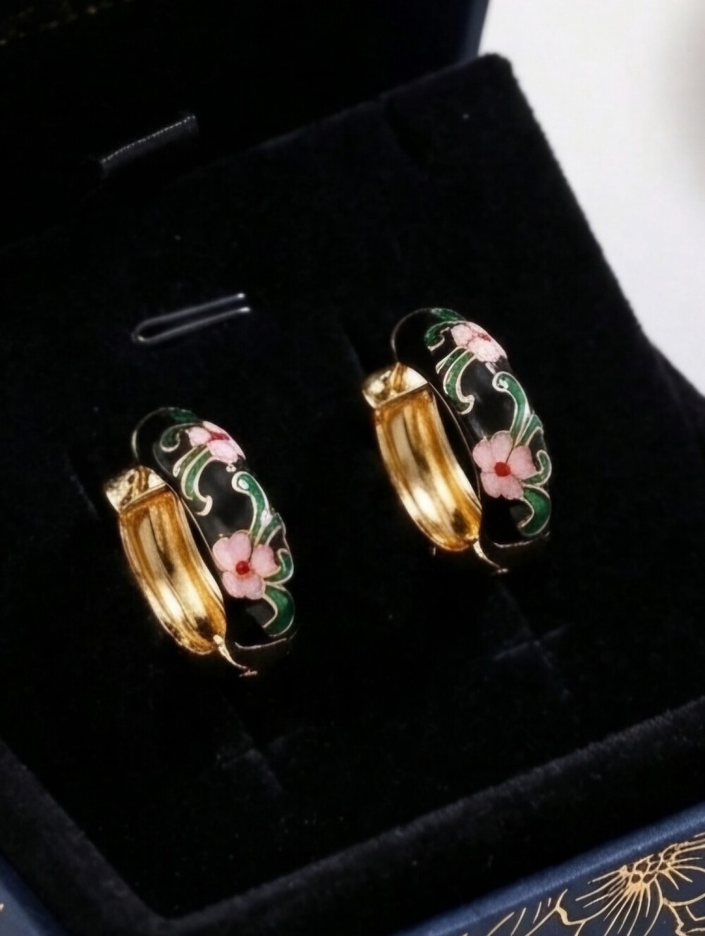 Black Floral Enamel Hoop Earrings